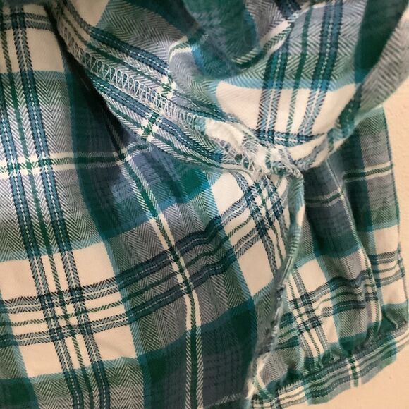 Loft Blue Plaid Ruffle Outdoorsy Cabincore Hiking Camping Button Down Shirt S - Picture 5 of 8